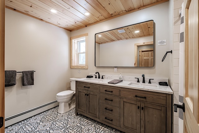 full bath featuring toilet, wooden ceiling, a baseboard radiator, a sink, and recessed lighting