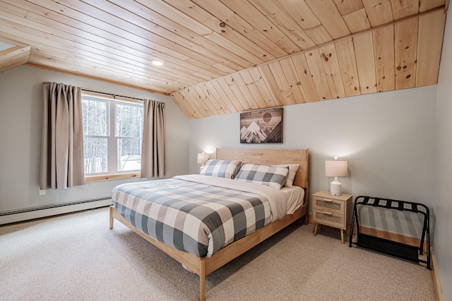 bedroom featuring a baseboard heating unit, wooden ceiling, and lofted ceiling