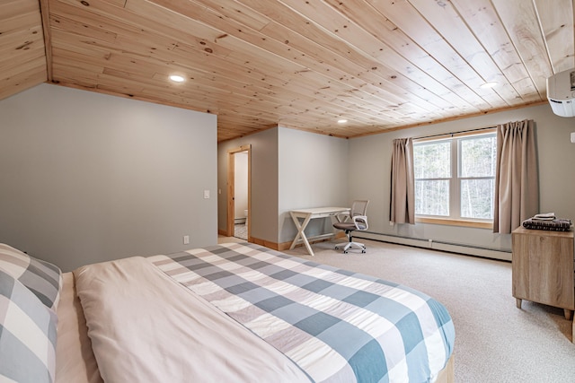 bedroom with a baseboard radiator, wooden ceiling, carpet, and recessed lighting