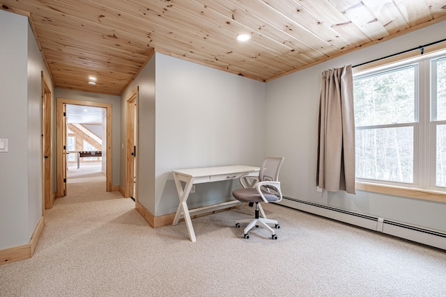 office with wooden ceiling, a baseboard radiator, a wealth of natural light, and light colored carpet