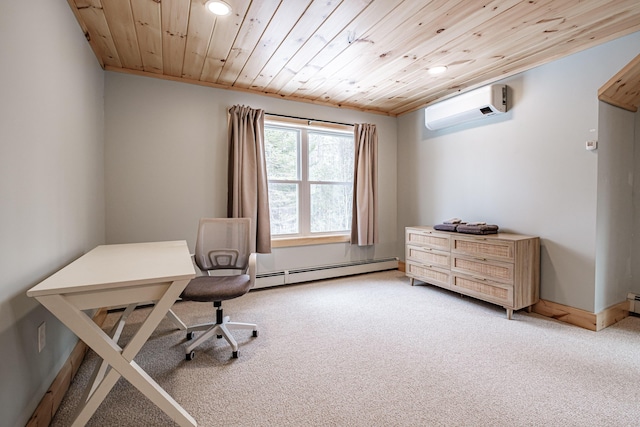 office featuring baseboards, light colored carpet, wood ceiling, a wall mounted air conditioner, and baseboard heating