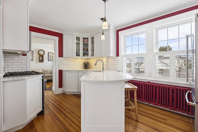 kitchen with a peninsula, white cabinetry, glass insert cabinets, and a sink