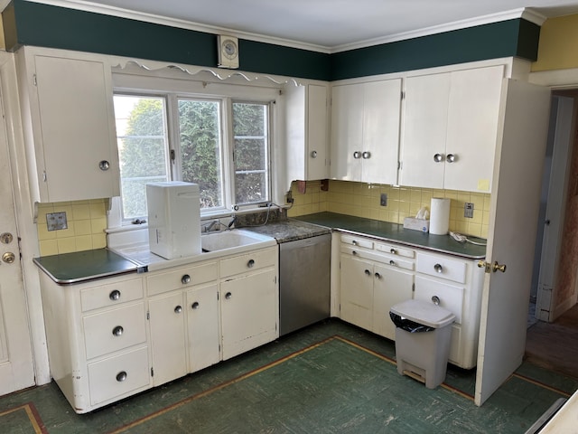 kitchen featuring decorative backsplash, white cabinetry, and stainless steel dishwasher