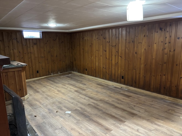 below grade area with wood finished floors and wooden walls