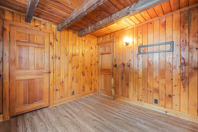 unfurnished room featuring wooden ceiling, wood walls, beam ceiling, and wood finished floors