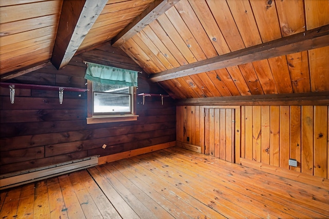 bonus room with vaulted ceiling with beams, light wood-style floors, a baseboard heating unit, and wood walls