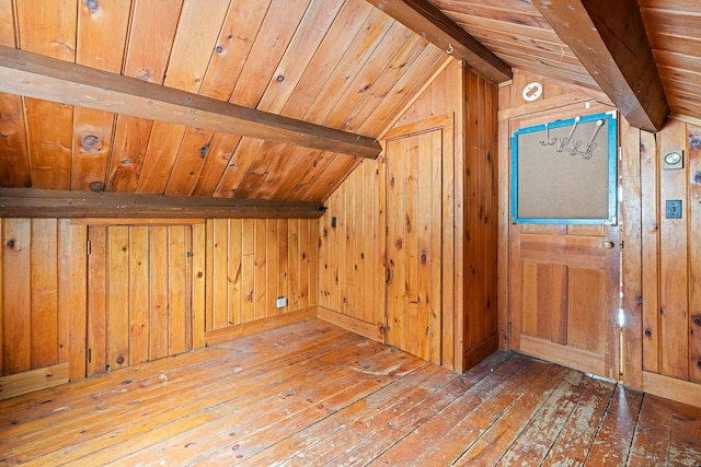 bonus room featuring lofted ceiling with beams, wood ceiling, wooden walls, and hardwood / wood-style floors