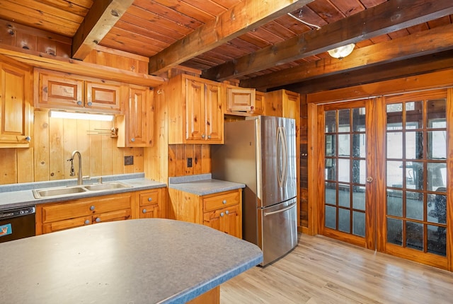 kitchen featuring light wood finished floors, freestanding refrigerator, wood ceiling, a sink, and beamed ceiling