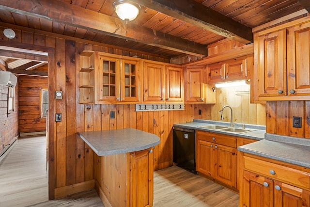 kitchen featuring dishwasher, wooden ceiling, beam ceiling, a sink, and a wall mounted AC