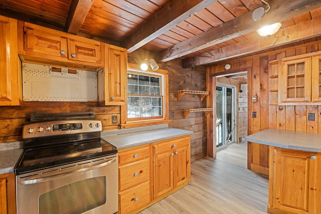 kitchen featuring beamed ceiling, stainless steel electric range, wooden ceiling, and wooden walls