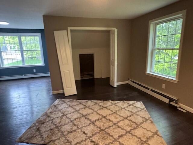 30 Hubbard St, Saco, ME 04072 - empty room with a baseboard radiator, dark wood-style flooring, and baseboards