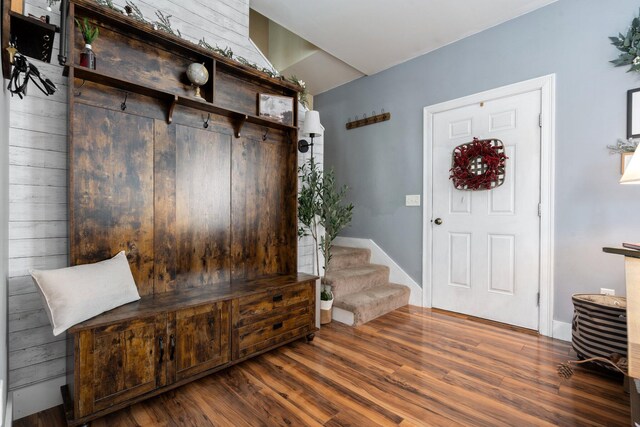 mudroom with dark wood-style floors