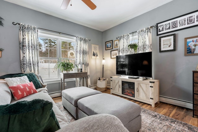 living room featuring a baseboard radiator, wood finished floors, and a ceiling fan