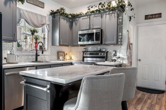 kitchen with appliances with stainless steel finishes, gray cabinets, a sink, and a center island