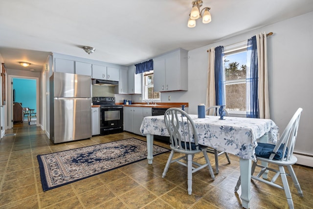 kitchen featuring black appliances, under cabinet range hood, white cabinets, and a sink