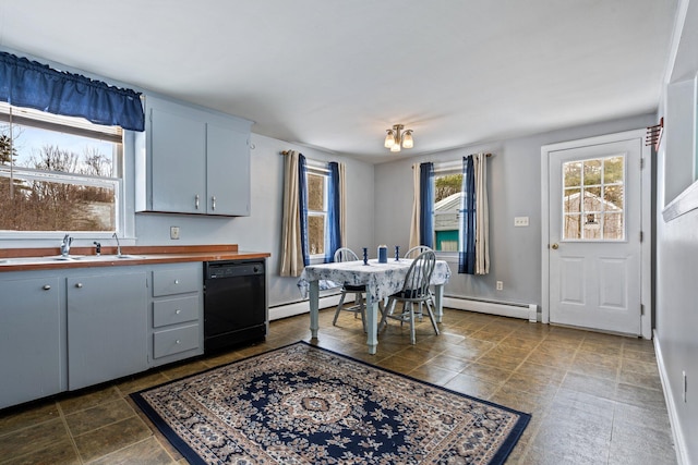 kitchen with dishwasher, a sink, gray cabinets, and a baseboard radiator