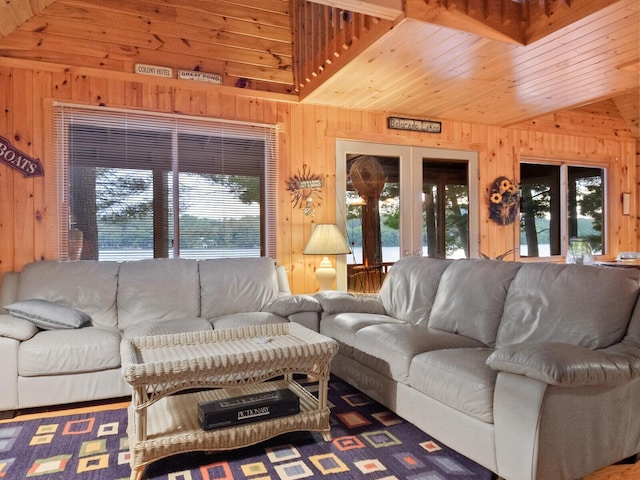 living room featuring lofted ceiling, french doors, a healthy amount of sunlight, and wooden walls