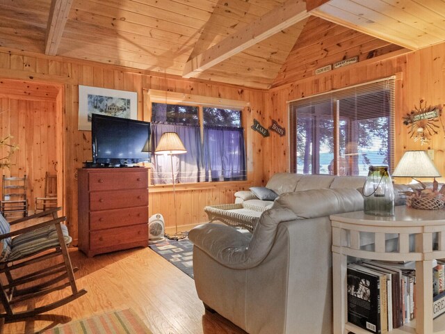 living area featuring wooden ceiling, wood walls, lofted ceiling with beams, and wood finished floors