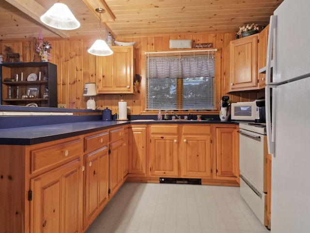 kitchen with white appliances, dark countertops, wood ceiling, wood walls, and a sink