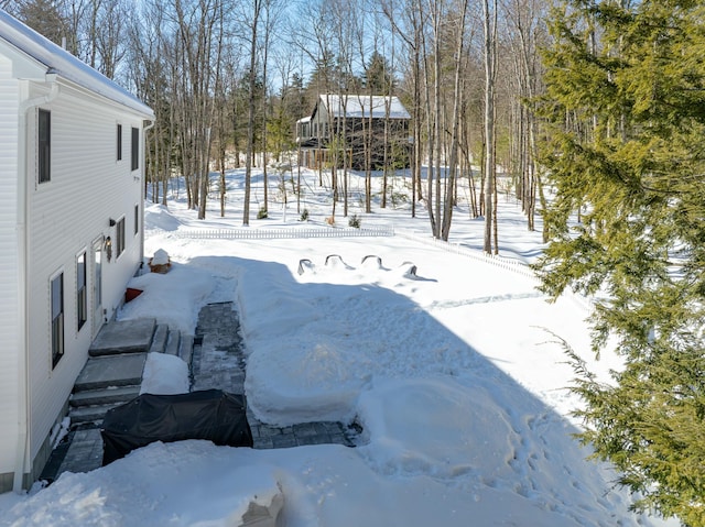 view of yard layered in snow