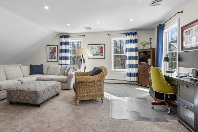 interior space featuring light carpet, vaulted ceiling, visible vents, and recessed lighting