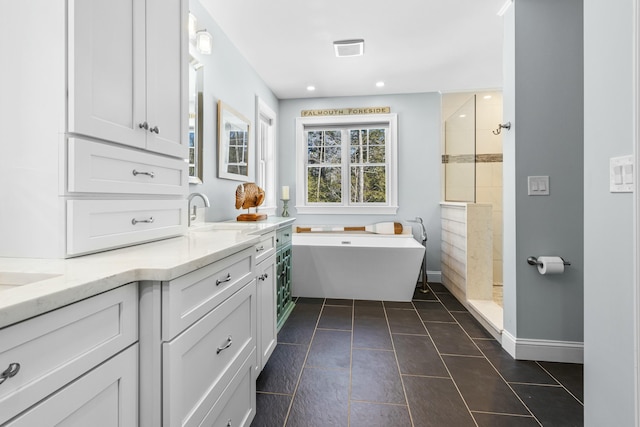 bathroom with a walk in shower, visible vents, tile patterned flooring, and vanity