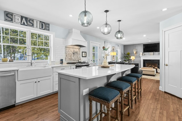 kitchen with stainless steel appliances, a sink, light countertops, custom exhaust hood, and pendant lighting