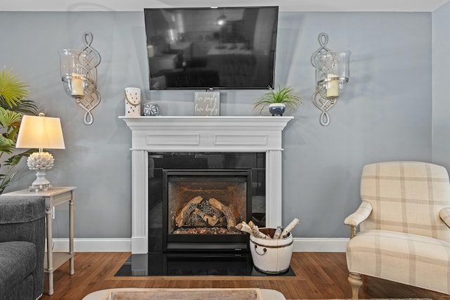 living area featuring a fireplace with flush hearth, baseboards, and wood finished floors