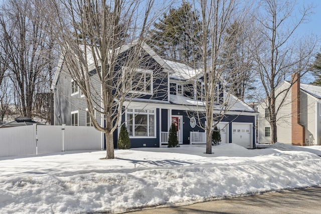 view of front facade with a gate, fence, cooling unit, covered porch, and a garage