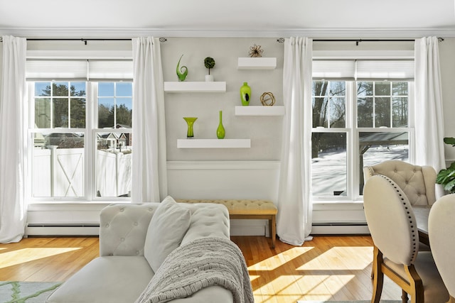 doorway featuring a baseboard radiator and wood finished floors