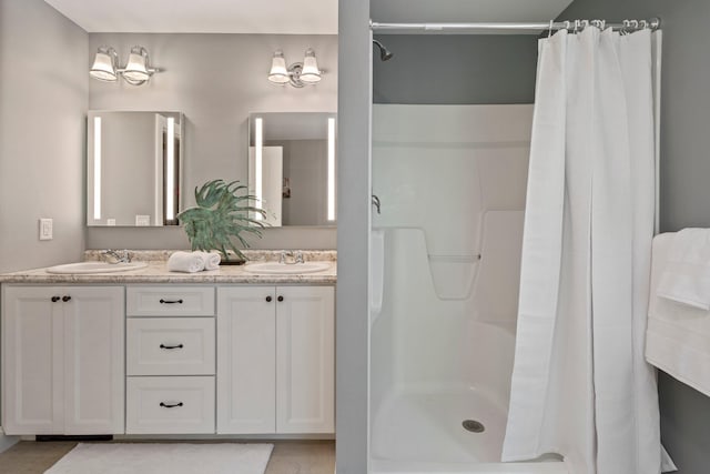 271 Red Gate Ln, Acton, ME 04001 - full bathroom featuring a shower with curtain and double vanity