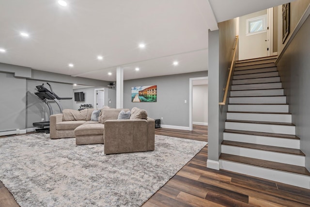 271 Red Gate Ln, Acton, ME 04001 - living area featuring dark wood-style floors, stairway, and recessed lighting
