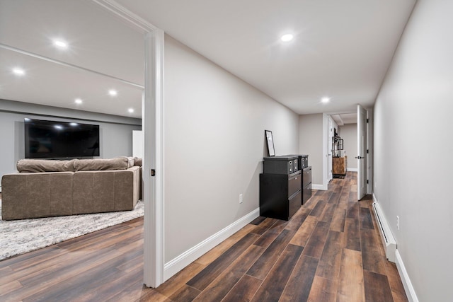 271 Red Gate Ln, Acton, ME 04001 - hallway featuring a baseboard radiator, dark wood-style floors, and recessed lighting