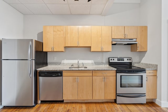 kitchen featuring under cabinet range hood, a sink, appliances with stainless steel finishes, light brown cabinetry, and light wood finished floors