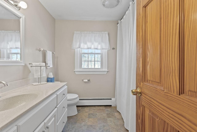 full bath with a baseboard radiator, toilet, visible vents, and vanity