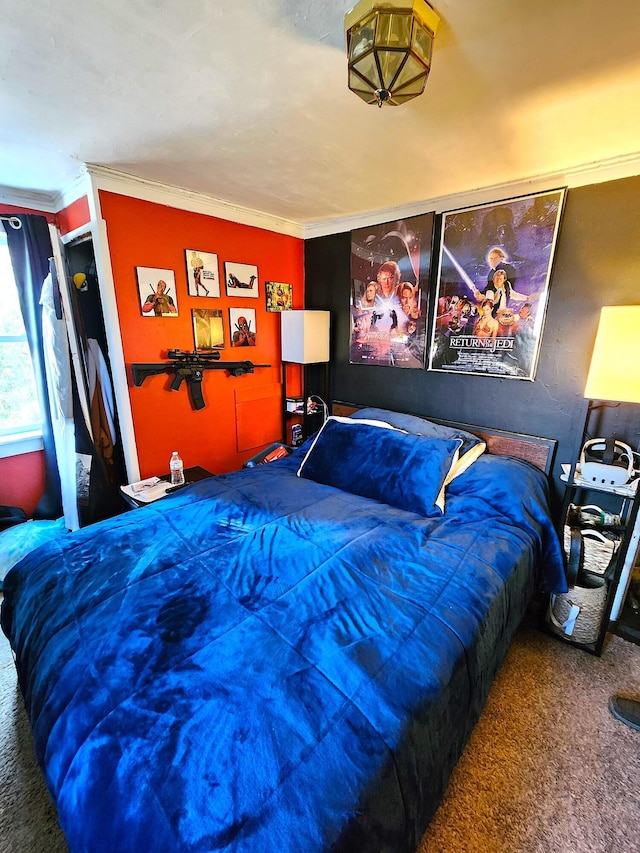 carpeted bedroom featuring ornamental molding