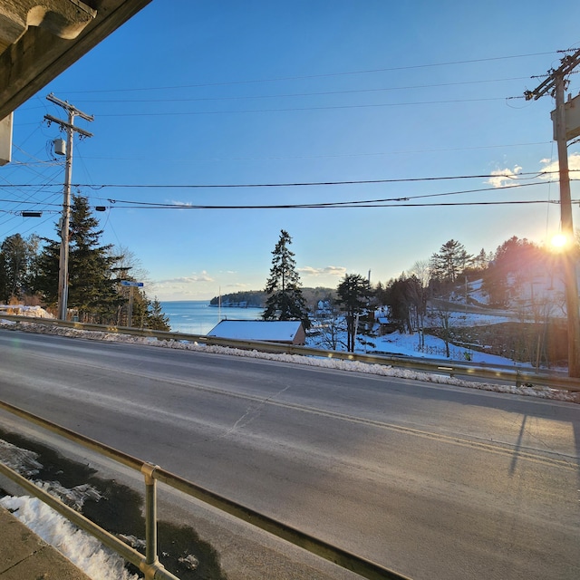 view of road with a water view