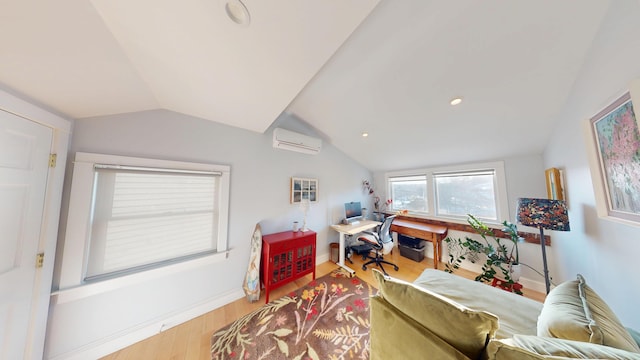 office featuring a wall unit AC, recessed lighting, vaulted ceiling, wood finished floors, and baseboards