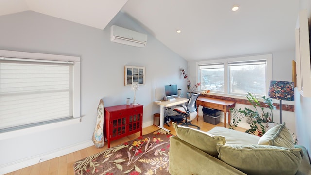 office space featuring baseboards, lofted ceiling, wood finished floors, a wall mounted AC, and recessed lighting