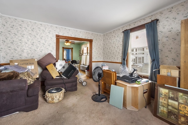 carpeted living room with ornamental molding and wallpapered walls