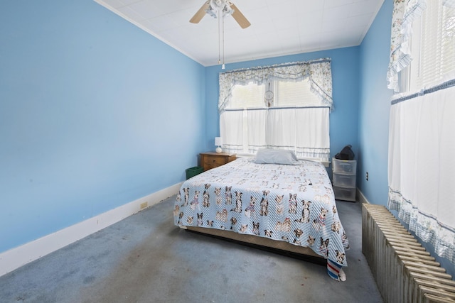70 Savage St, Bangor, ME 04401 - carpeted bedroom with radiator, ornamental molding, a ceiling fan, and baseboards