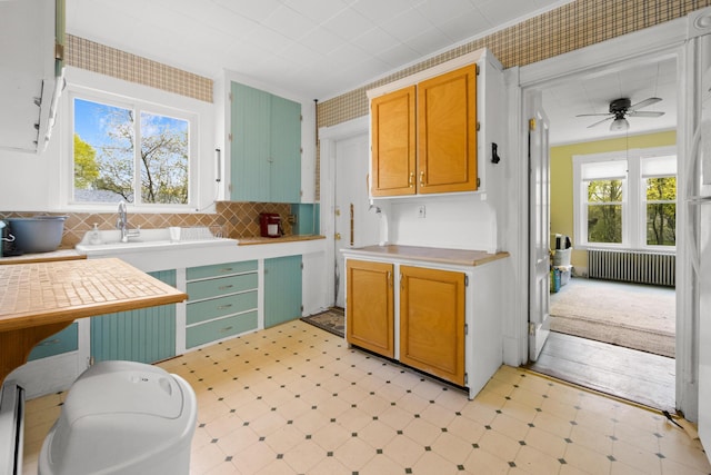 70 Savage St, Bangor, ME 04401 - kitchen featuring radiator, light flooring, light countertops, a ceiling fan, and decorative backsplash