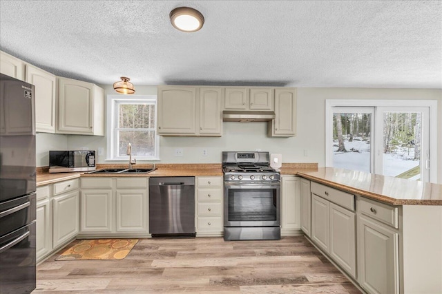 kitchen featuring light wood finished floors, appliances with stainless steel finishes, a peninsula, under cabinet range hood, and a sink