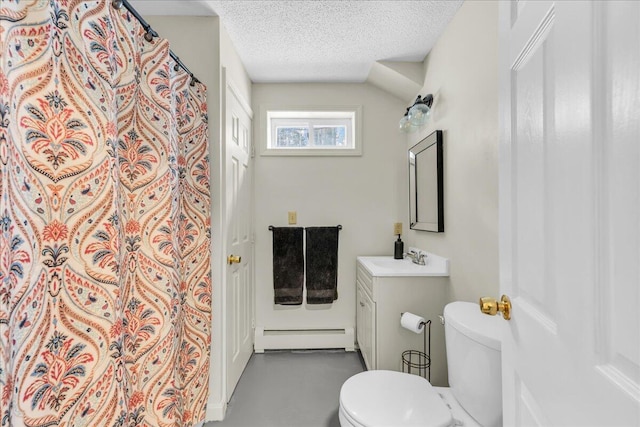 bathroom featuring a baseboard radiator, curtained shower, toilet, a textured ceiling, and vanity