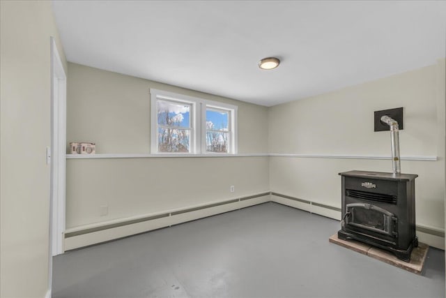 interior space with a wood stove and finished concrete floors