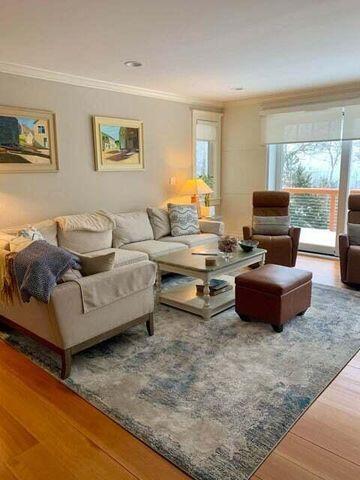 living room featuring ornamental molding, plenty of natural light, and wood finished floors