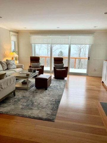 living room with a healthy amount of sunlight, crown molding, and wood finished floors