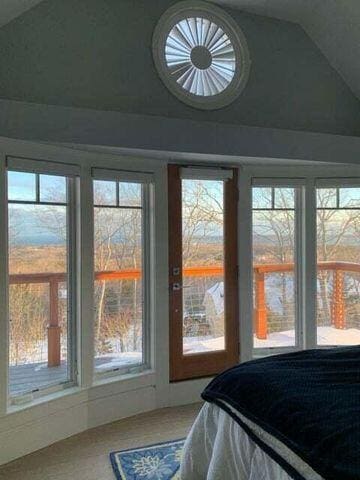 bedroom featuring vaulted ceiling, multiple windows, and access to exterior