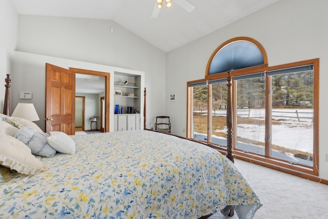 bedroom with access to exterior, ceiling fan, carpet, and vaulted ceiling