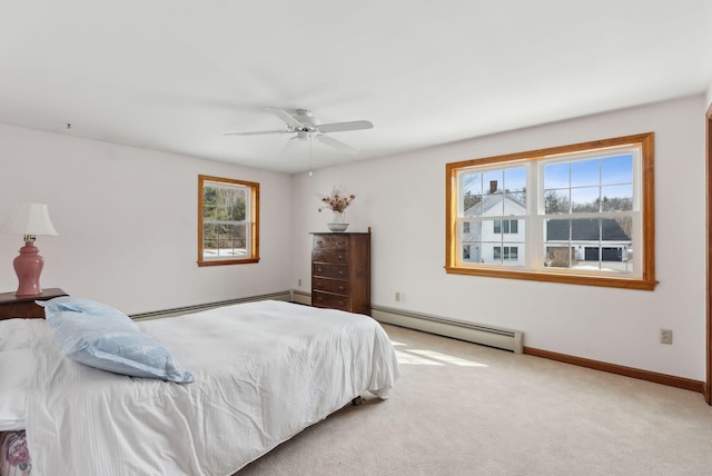 bedroom with a ceiling fan, carpet, baseboards, and a baseboard radiator